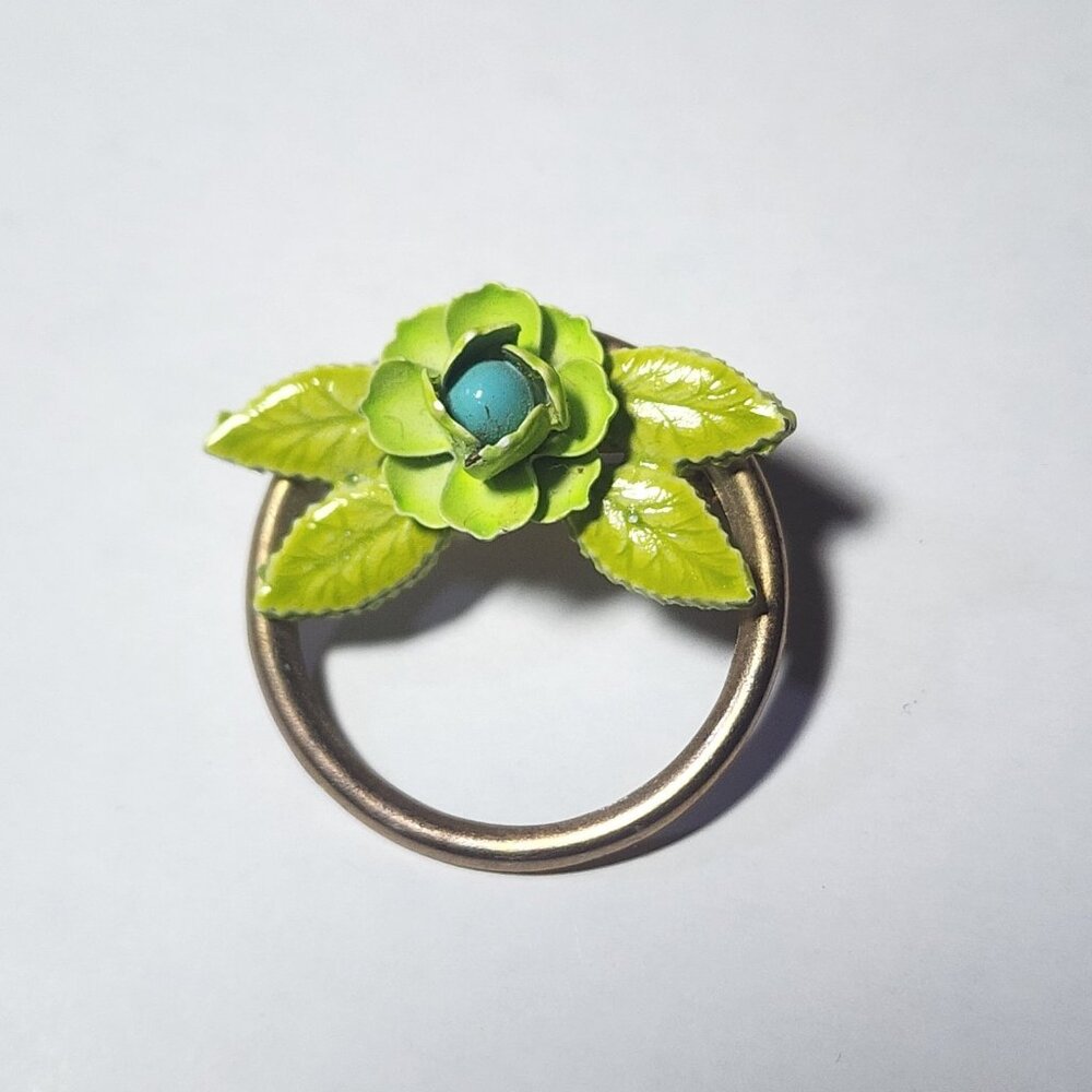 Mid-Century Style Floral Brooch Pin, Green Enamel Leaves, Turquoise Bead Center